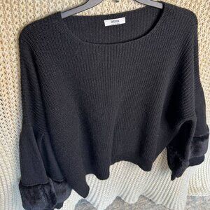 Tenax Italy Knit Sweater Faux Fur Sleeve Cuffs Alpaca Blend Black S